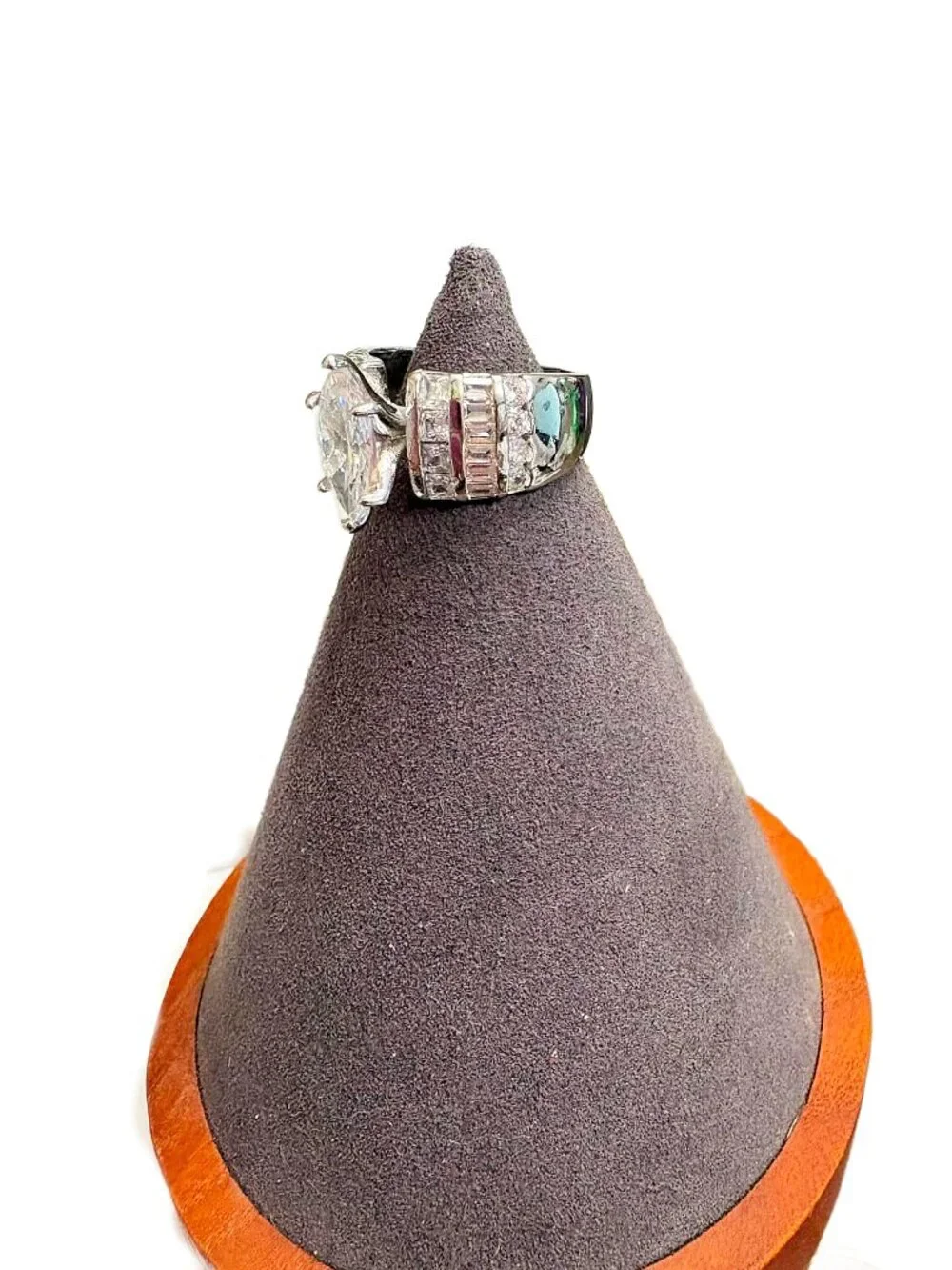 Marquise Cut CZ Ring | Wide Silver-Tone Baguette Round Cubic Zirconia Cocktail